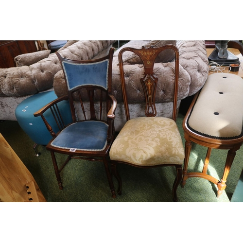 533 - Edwardian Elbow chair with upholstered back and seat over out stretchered turned legs and a Inlaid c... 