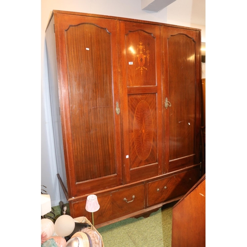 551 - Edwardian Triple Inlaid wardrobe with drawers to base. 152cm in Width