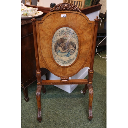 557 - 19thC French Walnut Adjustable Fire screen with original silk insert and carved surmounted floral de... 