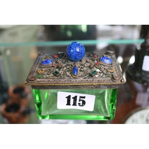 115 - Bijoux Green glass Lapis Lazuli jewelled jewellery box 8cm in Length