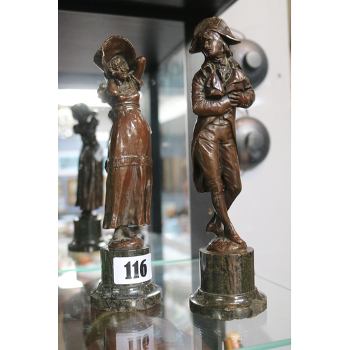 116 - Pair of Good quality Bronze figures of a Regency Gentleman and woman mounted on cylindrical base. 22... 