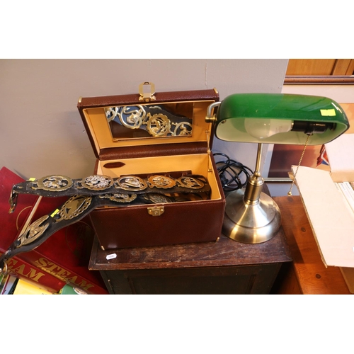 168 - Italian Leather Ladies traveling case, Vintage Bankers Lamp with Green glass shade and a collection ... 