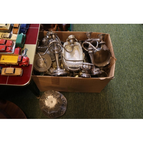 179 - Large box of assorted Silver plated Tableware to include Art Deco table centrepiece, Pair of Candela... 