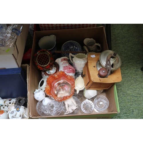 255 - 2 Boxes of assorted Ceramics and bygones inc. Coffee Grinder, Canteen of Cutlery etc