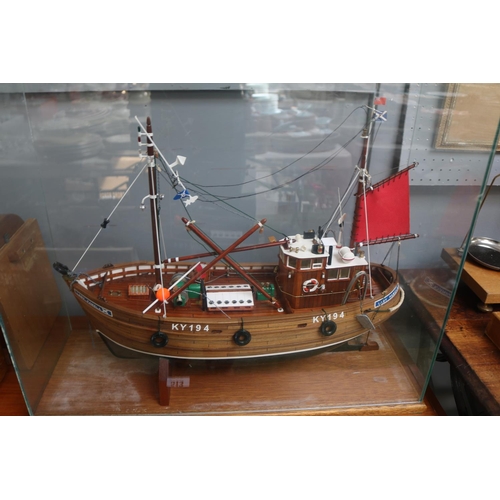 272 - Large Scratch Built Fishing boat entitled Lady Pamela KY194 within glazed case. 60cm in Length