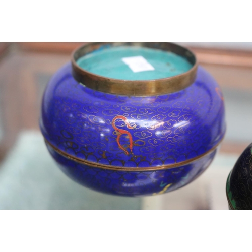 34 - Cloisonne Dragon Five Toe lidded Cloisonne Pot of blue ground 10cm with another similar on black bac... 