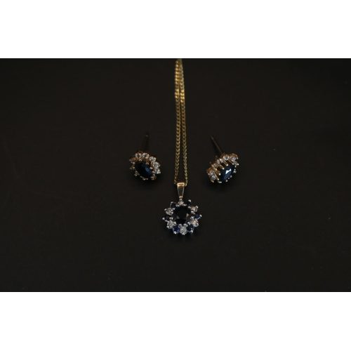 430 - Ladies 9ct Gold Sapphire & CZ Set Pendant and a pair of matched earrings