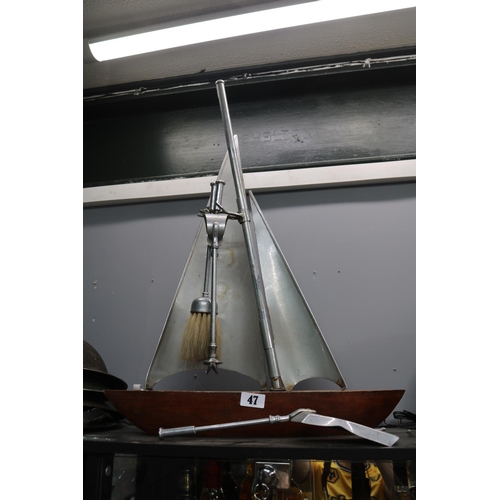 47 - Large 1930s Art Deco Chrome companion set in the form of a sailing yacht on polished hardwood base. ... 