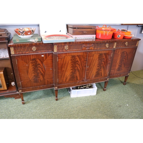 494 - Reproduction Breakfront Walnut veneered sideboard with applied gilded decoration and brass drop hand... 