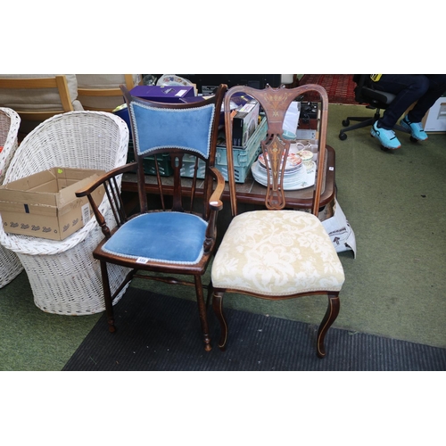 533 - Edwardian Elbow chair with upholstered back and seat over out stretchered turned legs and a Inlaid c... 