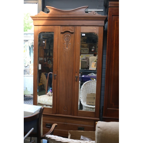 535 - Edwardian Walnut Double Wardrobe with drawer to base