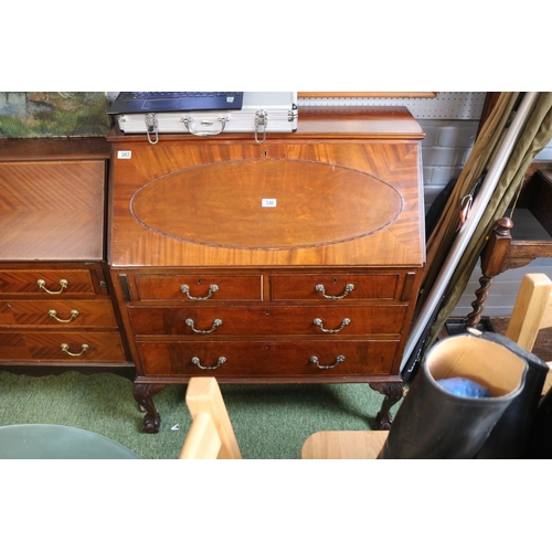 541 - Edwardian Mahogany fall front bureau with metal drop handles over ball and claw feet