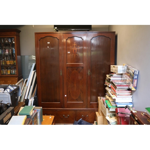 551 - Edwardian Triple Inlaid wardrobe with drawers to base. 152cm in Width