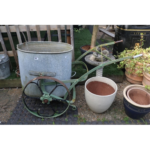 565 - Large Galvanised Water Carrier on Wrought metal wheels