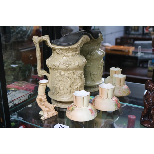 74 - Pair of Royal Worcester Blush Ivory squat vases with a Blush Vase and a 19thC Bacchus type Water Jug... 