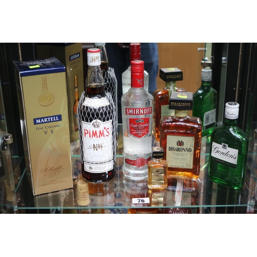 76 - Collection of assorted Alcohol to include Disaronno, Smirnoff Vodka, Pimms, Martell Fine Cognac etc