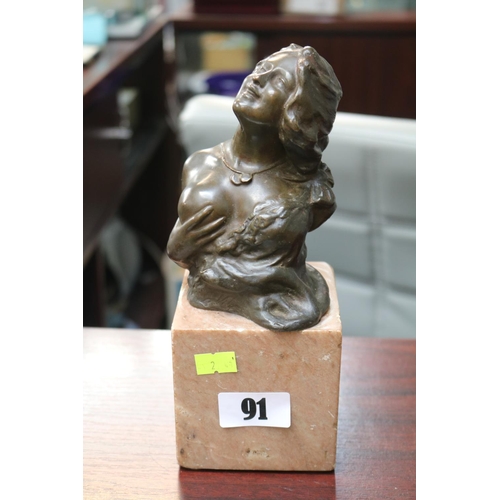 91 - Bronze Bust of a woman mounted on marble base signed 21cm in Height