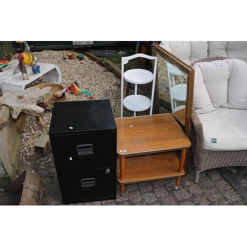 602 - 2 Drawer Filing cabinet, 2 Tier table, Framed mirror and a Cake stand