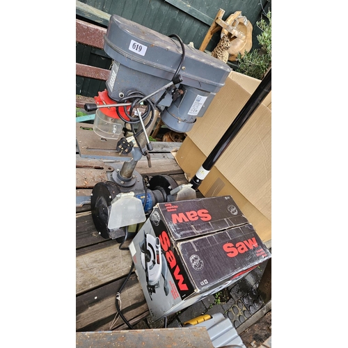 619 - Bench Drill, Nu Tools Grinder and a Boxed 1100w Circular Saw