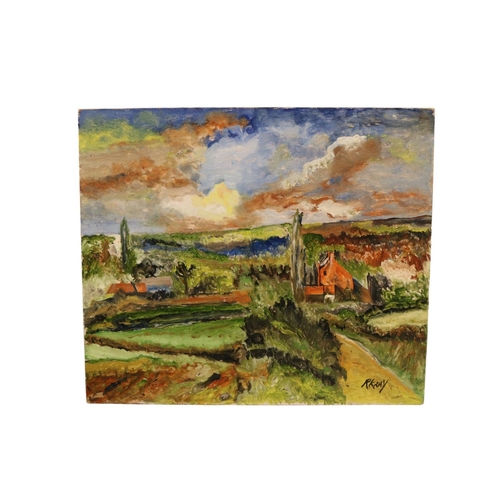 224 - Possibly by Ronnie Kray - (1933 - 1995) - An early oil on board of a naïve landscape of a Farmstead ... 