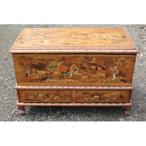 417 - Anglo Indian Rosewood bone inlaid Mule chest supported on cabriole legs decorated with figural and f... 