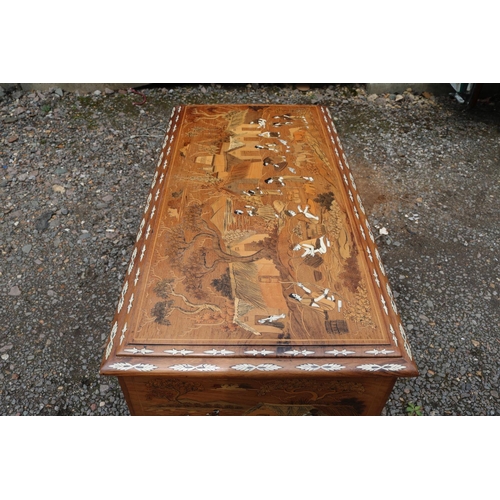 417 - Anglo Indian Rosewood bone inlaid Mule chest supported on cabriole legs decorated with figural and f... 