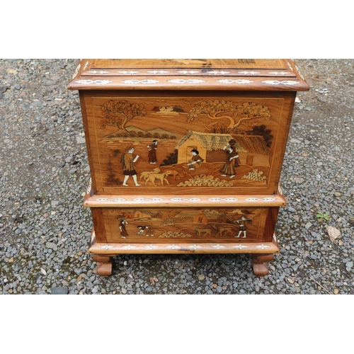 417 - Anglo Indian Rosewood bone inlaid Mule chest supported on cabriole legs decorated with figural and f... 