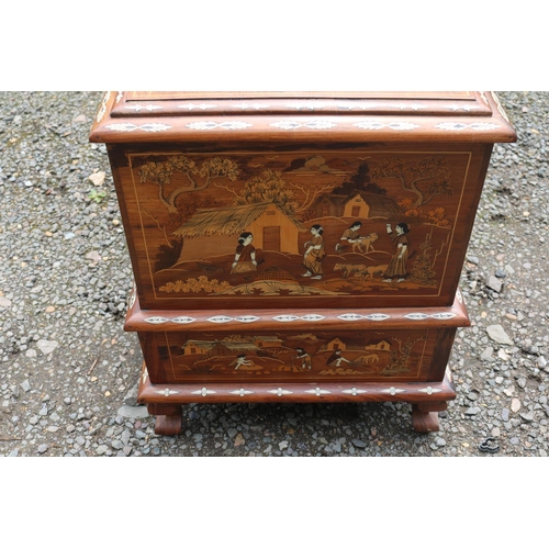 417 - Anglo Indian Rosewood bone inlaid Mule chest supported on cabriole legs decorated with figural and f... 