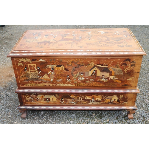 417 - Anglo Indian Rosewood bone inlaid Mule chest supported on cabriole legs decorated with figural and f... 