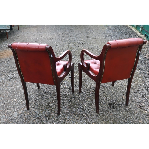 420 - Pair of 20thC Chesterfield Button back Red Leather studded Elbow chairs with scroll arms