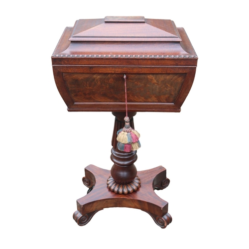 423 - William IV Mahogany Rosewood Veneered Teapoy with fitted interior sup-ported on trefoil base. 43cm i... 