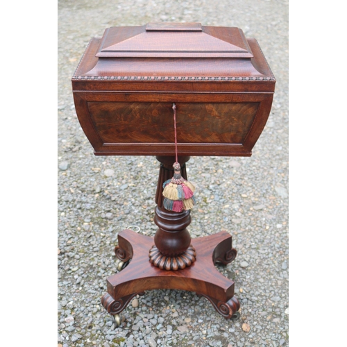 423 - William IV Mahogany Rosewood Veneered Teapoy with fitted interior sup-ported on trefoil base. 43cm i... 