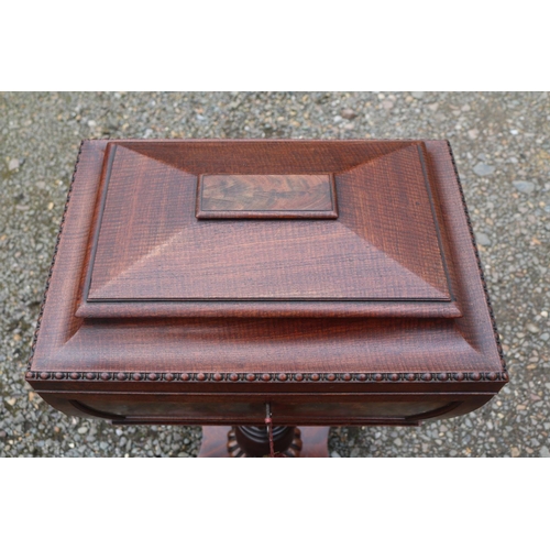 423 - William IV Mahogany Rosewood Veneered Teapoy with fitted interior sup-ported on trefoil base. 43cm i... 