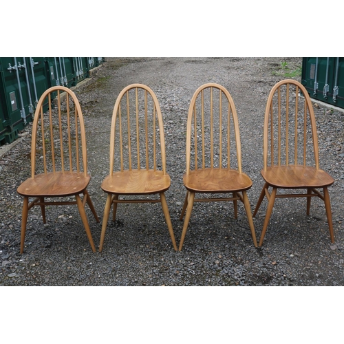 426 - Set of 4 Ercol Blonde Elm Quaker Stick Back Chairs with Blue Labels to reverse