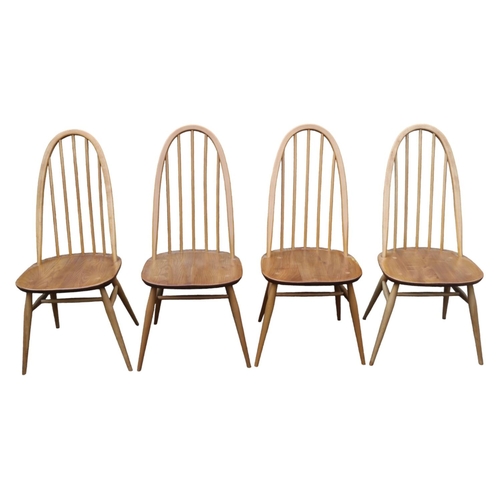 427 - Set of 4 Ercol Blonde Elm Quaker Stick Back Chairs with Blue Labels to reverse