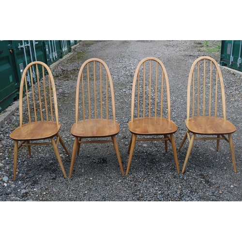 427 - Set of 4 Ercol Blonde Elm Quaker Stick Back Chairs with Blue Labels to reverse