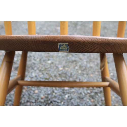 427 - Set of 4 Ercol Blonde Elm Quaker Stick Back Chairs with Blue Labels to reverse