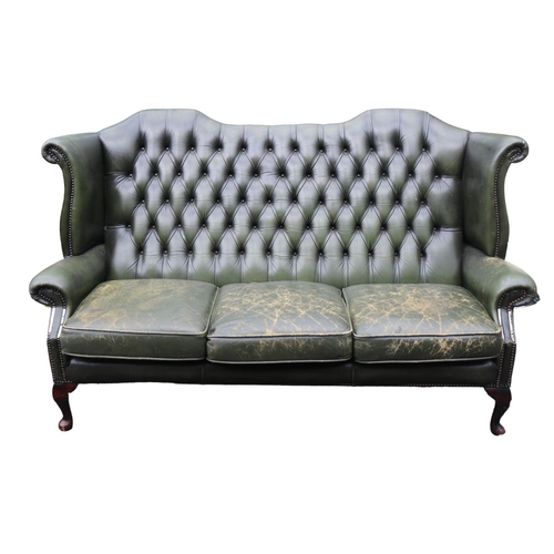 435 - Green Leather Button back Chesterfield on cabriole legs 187cm in Length