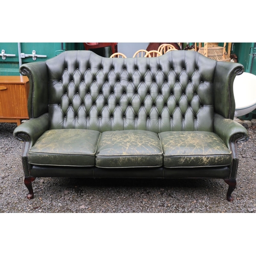 435 - Green Leather Button back Chesterfield on cabriole legs 187cm in Length