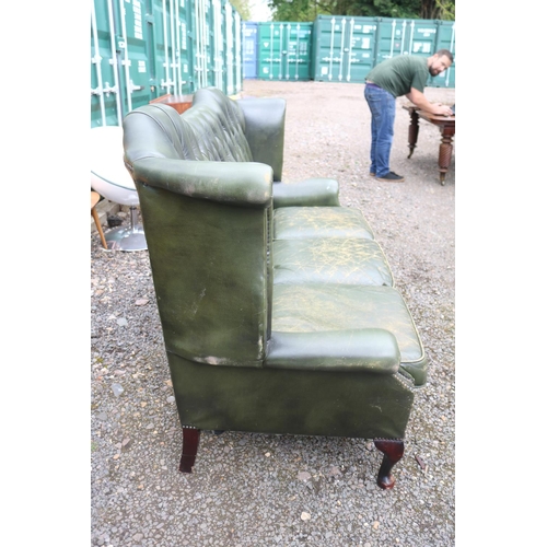 435 - Green Leather Button back Chesterfield on cabriole legs 187cm in Length