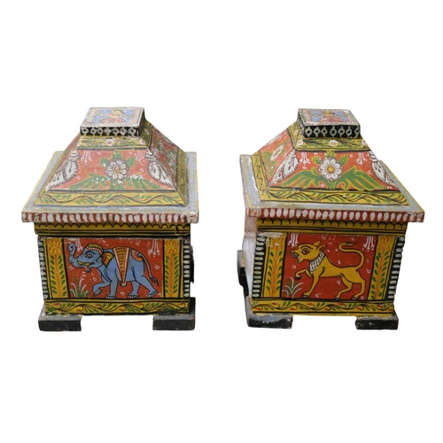 153 - Pair of Late 19thC Indian Kashmir Mogul Folk Art Hand Painted Dowry Caskets. 13cm in Width by 17cm i... 