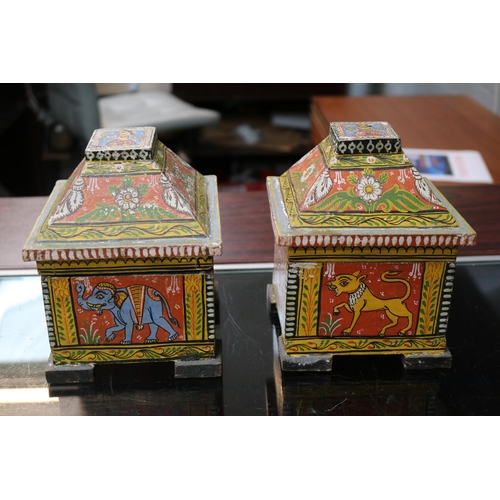 153 - Pair of Late 19thC Indian Kashmir Mogul Folk Art Hand Painted Dowry Caskets. 13cm in Width by 17cm i... 