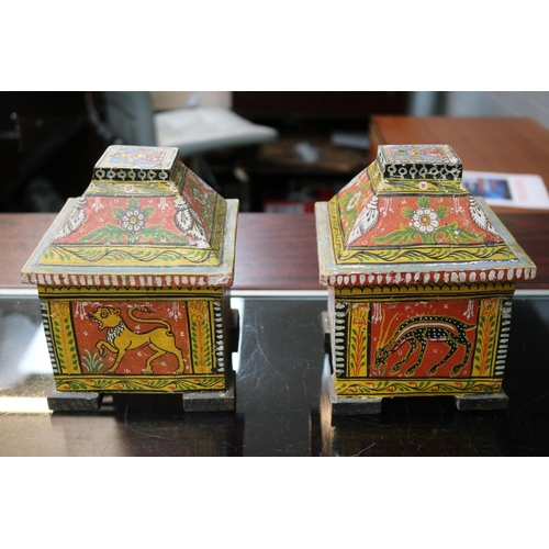 153 - Pair of Late 19thC Indian Kashmir Mogul Folk Art Hand Painted Dowry Caskets. 13cm in Width by 17cm i... 