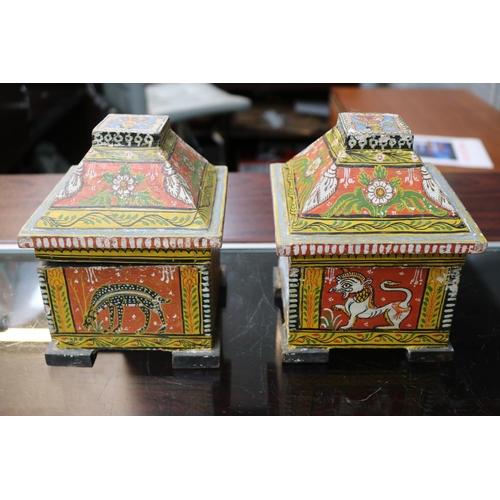 153 - Pair of Late 19thC Indian Kashmir Mogul Folk Art Hand Painted Dowry Caskets. 13cm in Width by 17cm i... 