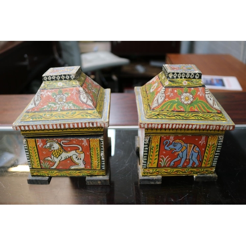 153 - Pair of Late 19thC Indian Kashmir Mogul Folk Art Hand Painted Dowry Caskets. 13cm in Width by 17cm i... 