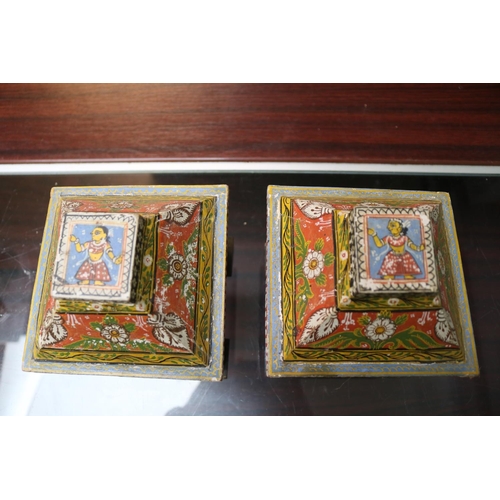 153 - Pair of Late 19thC Indian Kashmir Mogul Folk Art Hand Painted Dowry Caskets. 13cm in Width by 17cm i... 