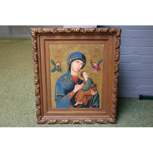 155 - Orthodox Icon of St Virgin Mary Moother of the Passion of Perpetual Help in Giltwood foliate frame. ... 