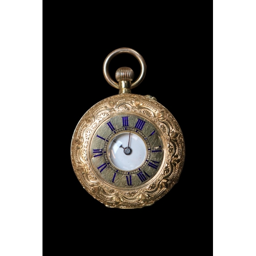 347e - 18K Ladies Pocket watch with Roman Numeral Dial 38g total weight with movement. 35mm in Diameter