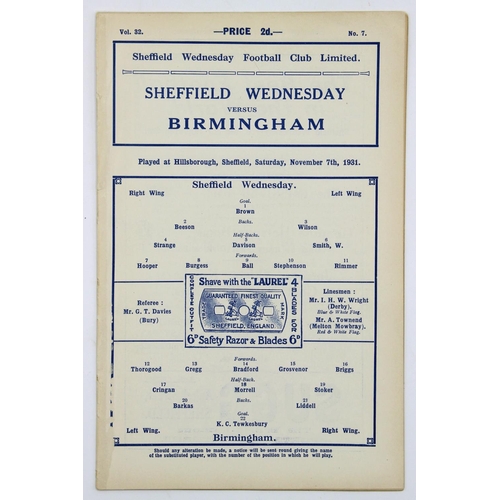 12 - Sheffield Wednesday 1931 Football Programme v Birmingham. November 7th 1931