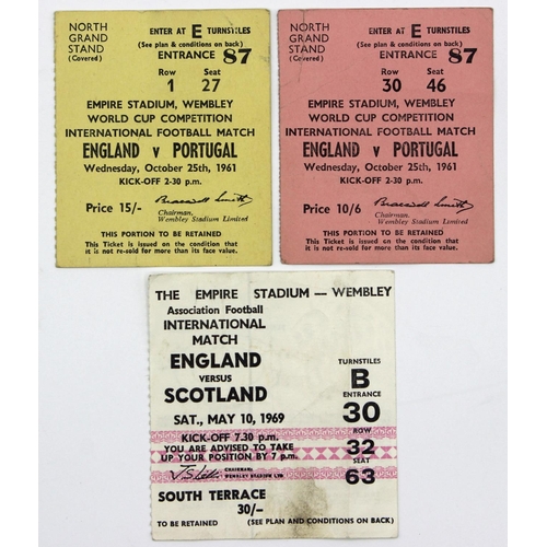 13 - Three England ticket stubs. Two England v Portugal October 25th 1961 Wembley and England v Scotland ... 